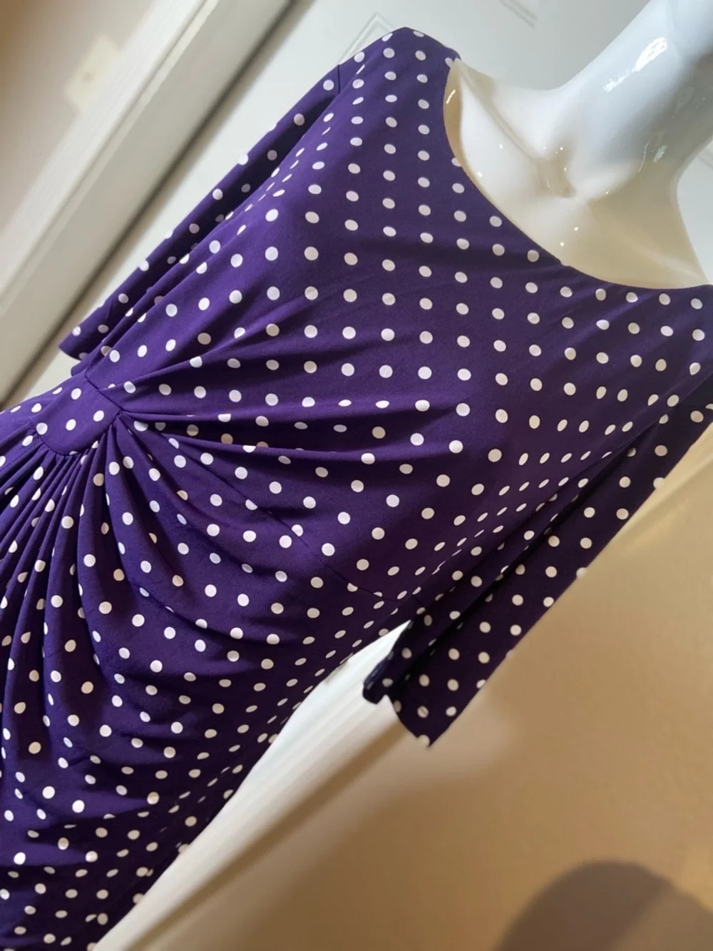 Connected Apparel~Polka Dot~Wrap Dress~Sunburst Side Pleats~1/2 Sleeve~Size 16